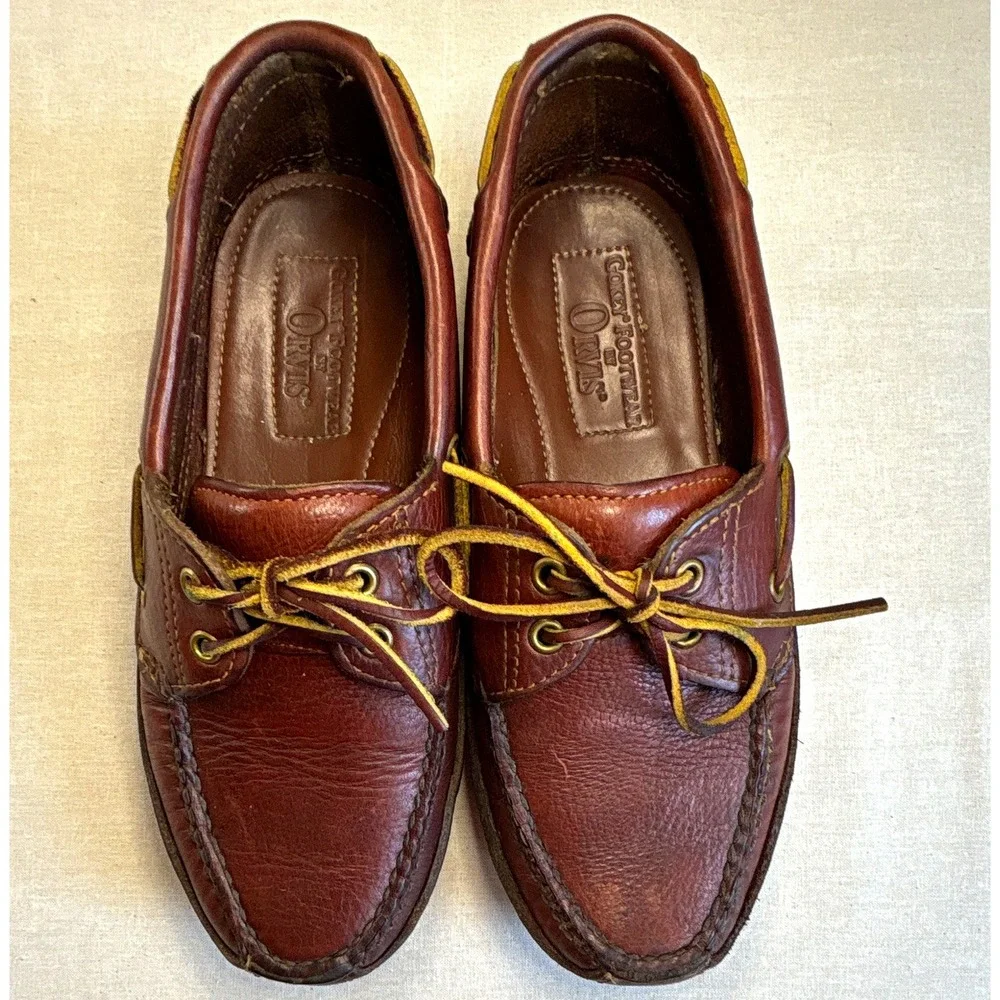 Orvis Men's Brown Leather Boat Shoes Lace-Up Round Toe Rubber Sole US 6.5